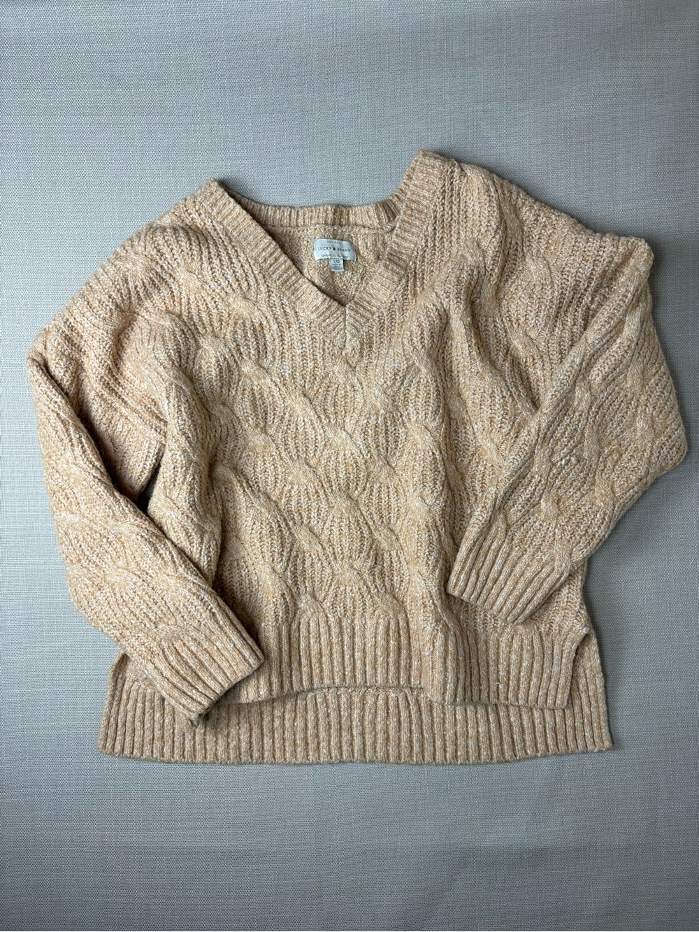 Lucky Brand Womens Large Cable Knit Sweater Oatmeal Beige V Neck Cozy Pullover